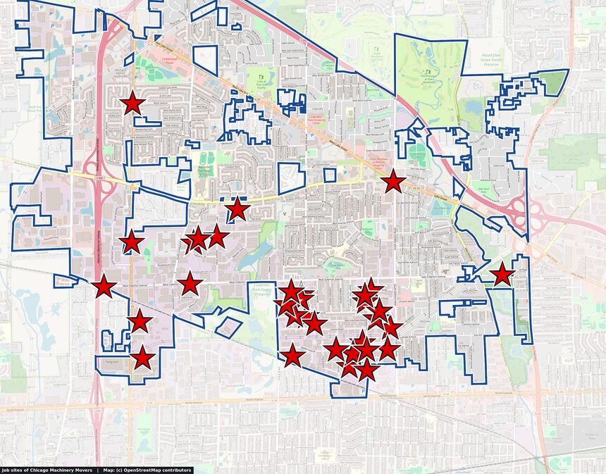 Map of Addison, IL with 33 red stars marking real machinery moving, rigging and scrap machinery removal job sites of Chicago Machinery Movers, 2010-2026