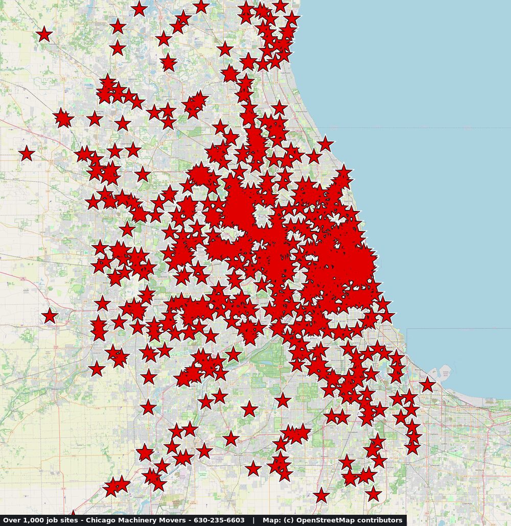 Map of Chicagoland with a red star on each of over 1,000 machinery moving, rigging and scrap machinery removal job sites worked by Chicago Machinery Movers between 2007 and 2026, from Waukegan and Woodstock south to Joliet and east into northwest Indiana