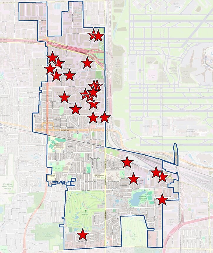 Map of Bensenville, IL with red stars marking machinery moving and removal job sites of Chicago Machinery Movers