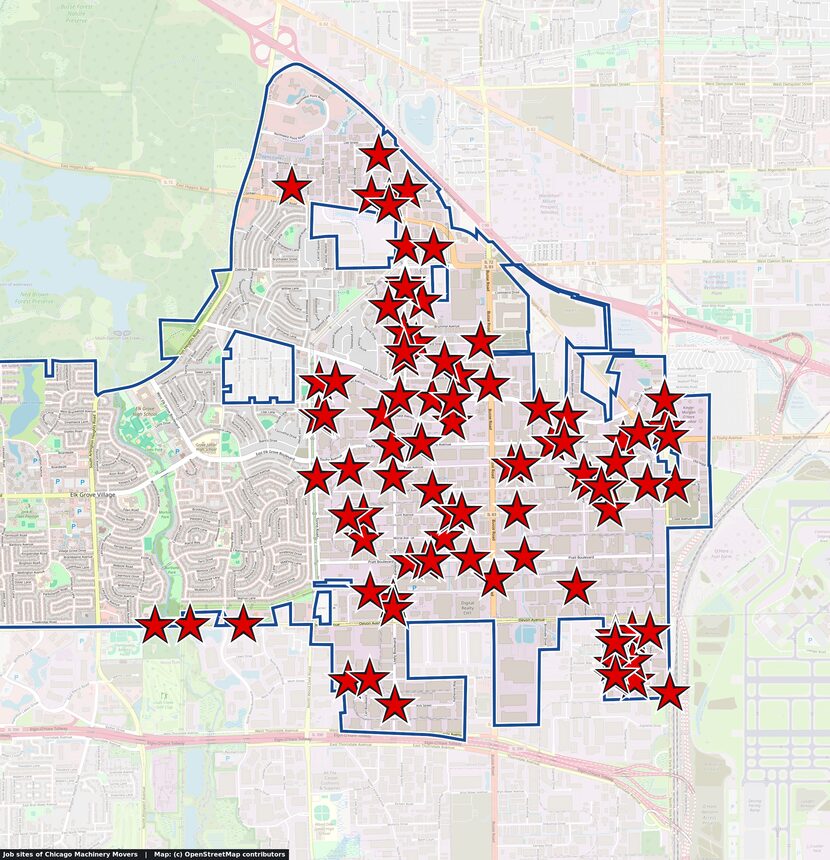 Map of Elk Grove Village, IL with red stars marking machinery moving and removal job sites of Chicago Machinery Movers