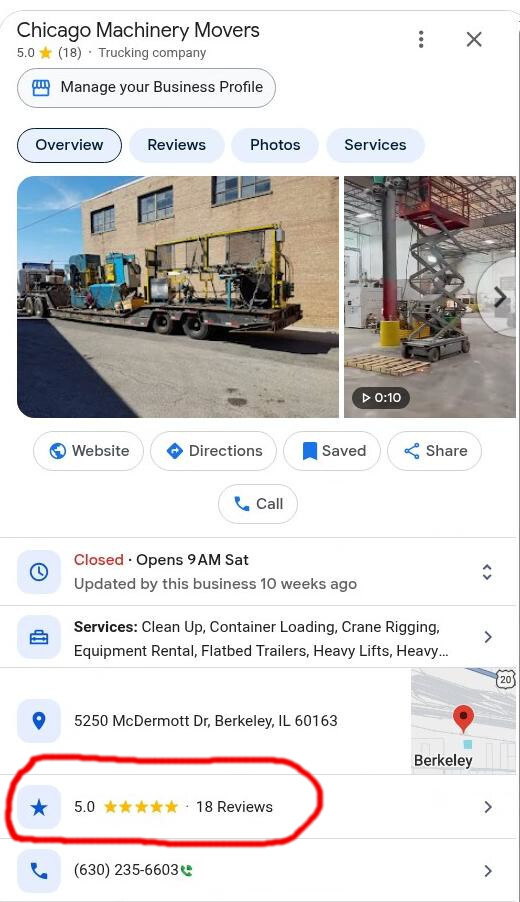 Our Google Business Profile panel, with the 5.0 star rating from 18 reviews circled in red