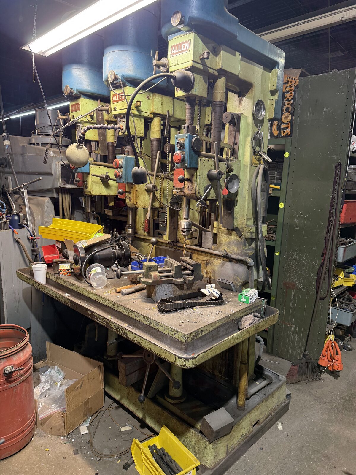 The Allen multi-spindle gang drill with its table