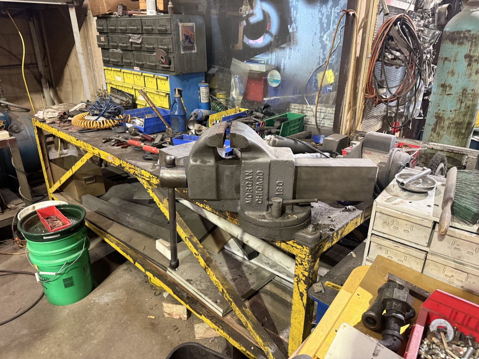 The heavy steel bench with the big Morgan Chicago vise