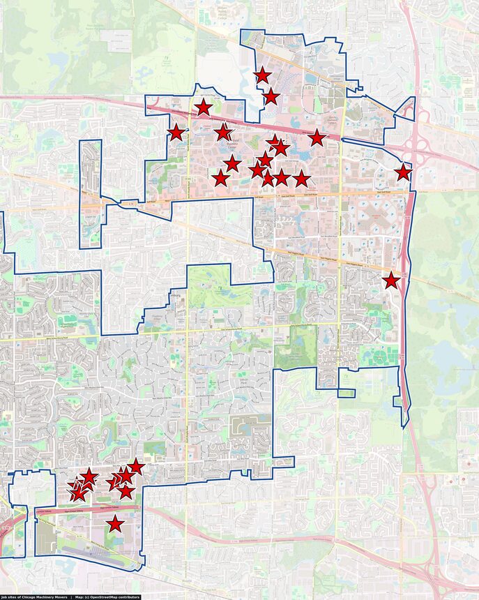Map of Schaumburg, IL with red stars marking machinery moving and removal job sites of Chicago Machinery Movers