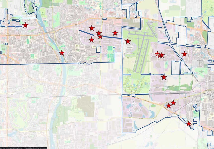 Map of St. Charles and West Chicago, IL with 17 red stars marking job sites of Chicago Machinery Movers, 2009-2026: seven in St. Charles and ten in West Chicago